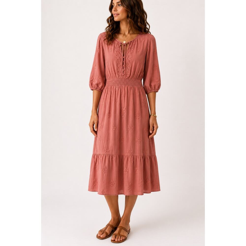 BOHME Rose Pink Embroidered Boho Midi Dress Cottagecore Prairie Romantic | Large